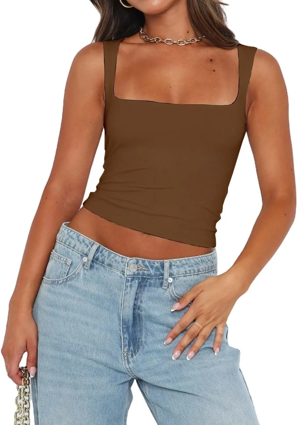 Abardsion Womens Sexy Crop Top Summer 2024 Square Neck Sleeveless Double Layer Going Out Tank Tops