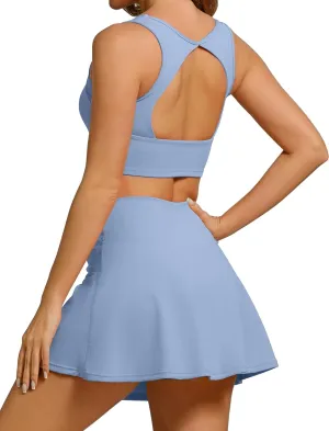 ABOCIW Tennis Outfits Women Skirt Sets 2 Piece Crossover High Waisted Golf Athletic Skorts Cutout Back Workout Crop Tops