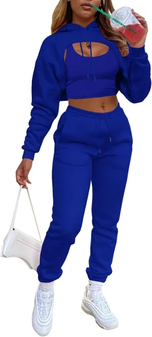 Adogirl Women 3 Piece Outfits Tracksuits Set Sexy Long Sleeve Pullover Hoodie Tank Crop Tops Jogger Sweatpants Sweatsuits