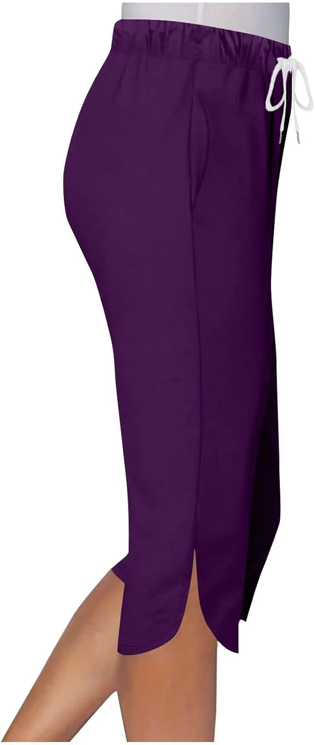 Akklian Summer Leggings with Pockets for Women Straight Wide Leg Cropped Trousers Drawstring Elastic Waist Side Slit Trousers