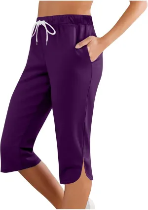 Akklian Summer Leggings with Pockets for Women Straight Wide Leg Cropped Trousers Drawstring Elastic Waist Side Slit Trousers