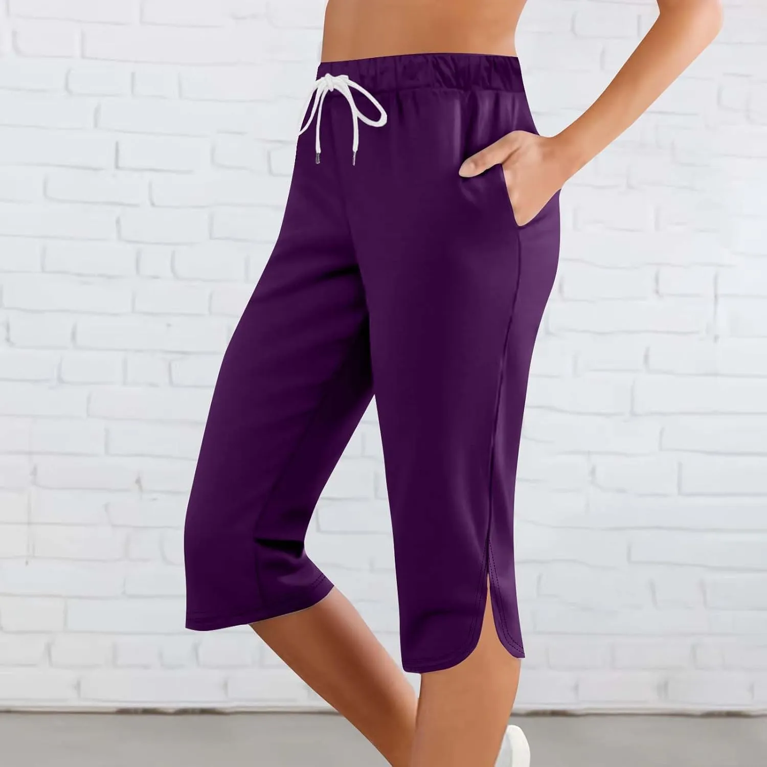 Akklian Summer Leggings with Pockets for Women Straight Wide Leg Cropped Trousers Drawstring Elastic Waist Side Slit Trousers