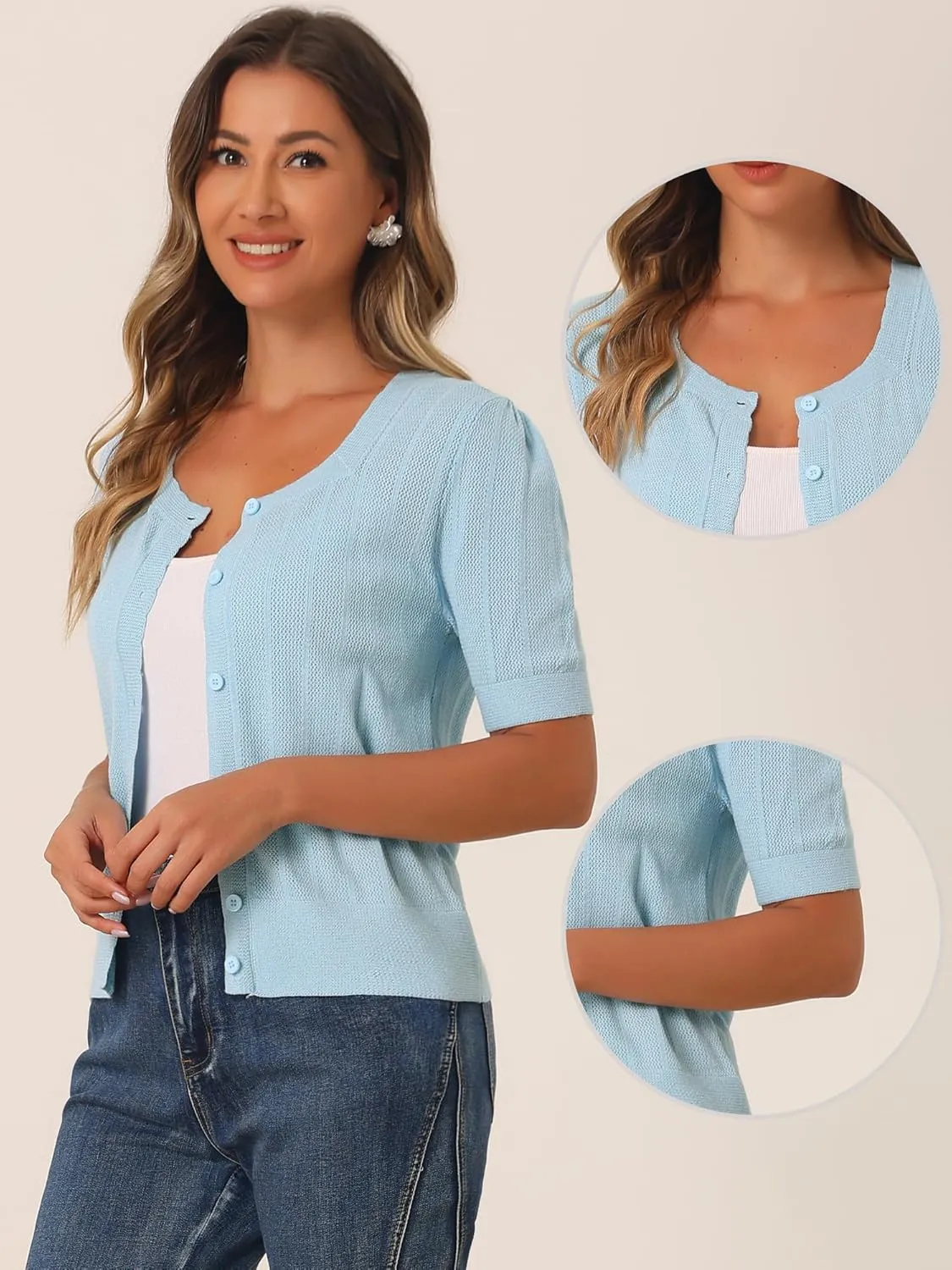 Allegra K Short Sleeve Cardigan for Women's Casual Crochet Knit Button Up Bolero Sweater Tops