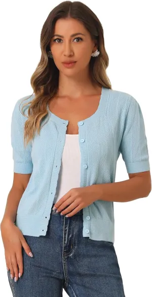Allegra K Short Sleeve Cardigan for Women's Casual Crochet Knit Button Up Bolero Sweater Tops