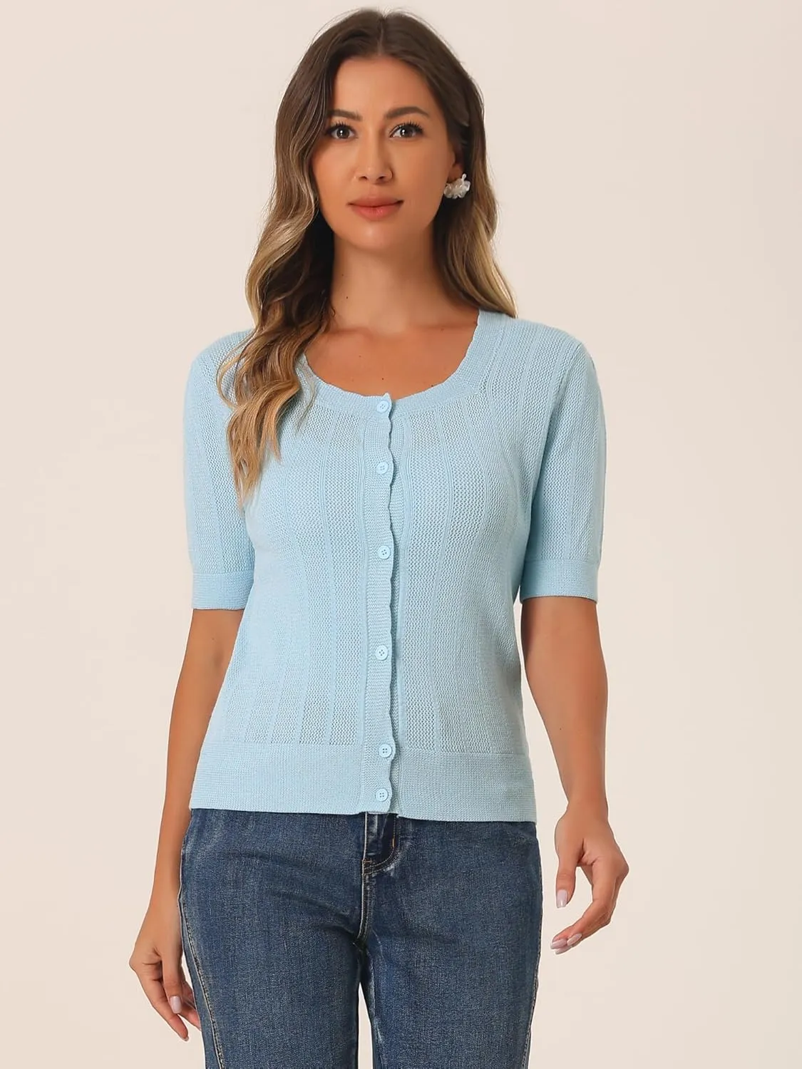 Allegra K Short Sleeve Cardigan for Women's Casual Crochet Knit Button Up Bolero Sweater Tops
