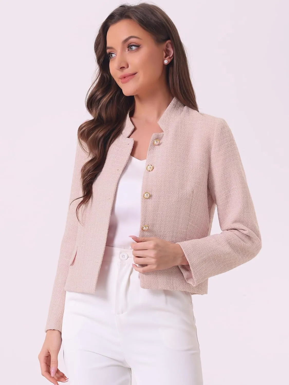 Allegra K Women's Plaid Tweed Blazer Long Sleeve Button Down Work Office Short Jacket