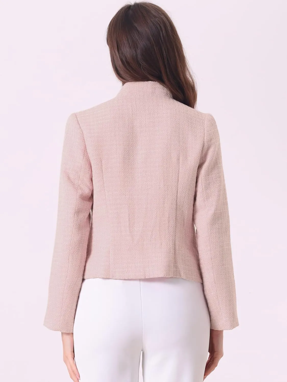 Allegra K Women's Plaid Tweed Blazer Long Sleeve Button Down Work Office Short Jacket