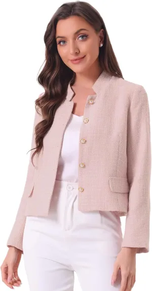 Allegra K Women's Plaid Tweed Blazer Long Sleeve Button Down Work Office Short Jacket