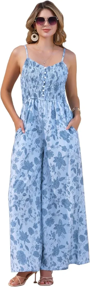 Allegra K Women's Summer Casual Floral Jumpsuit Sleeveless Smocked Wide Leg Pants Boho Romper Overalls