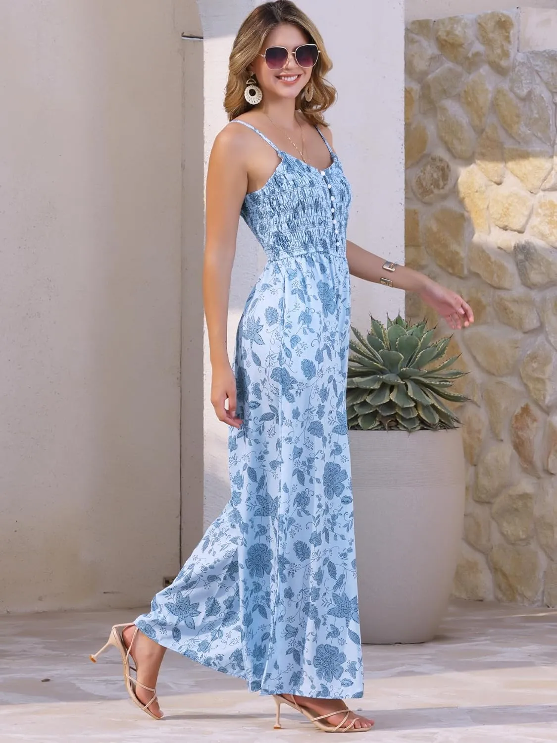 Allegra K Women's Summer Casual Floral Jumpsuit Sleeveless Smocked Wide Leg Pants Boho Romper Overalls