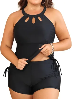 Aqua Eve Women Two Piece Plus Size Swimsuit High Neck Tankini Set Tummy Control Bathing Suit with Shorts