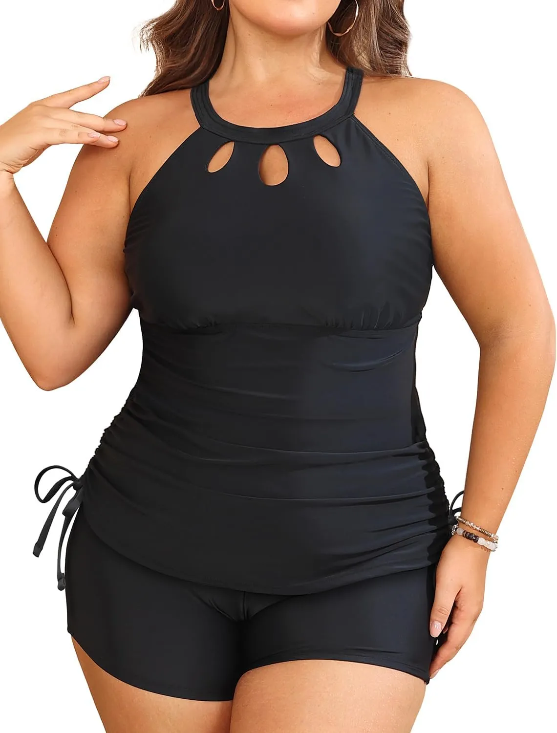 Aqua Eve Women Two Piece Plus Size Swimsuit High Neck Tankini Set Tummy Control Bathing Suit with Shorts