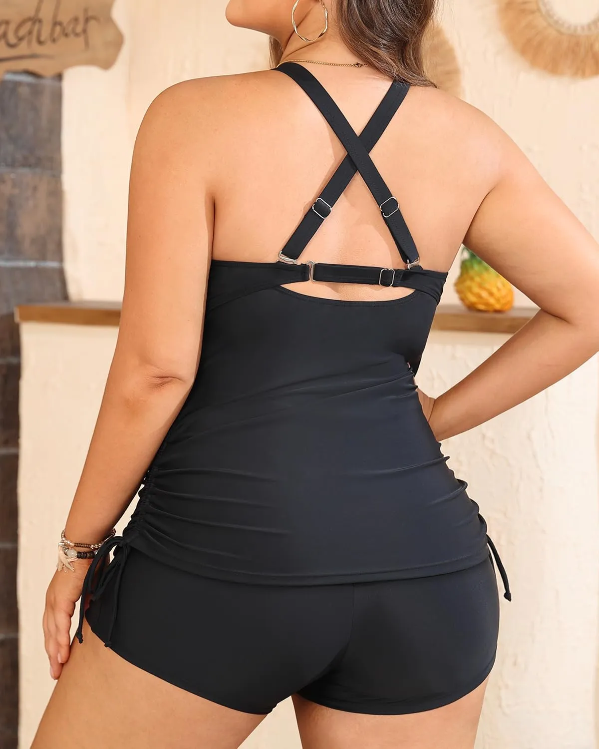 Aqua Eve Women Two Piece Plus Size Swimsuit High Neck Tankini Set Tummy Control Bathing Suit with Shorts