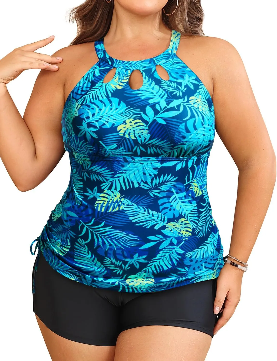 Aqua Eve Women Two Piece Plus Size Swimsuit High Neck Tankini Set Tummy Control Bathing Suit with Shorts