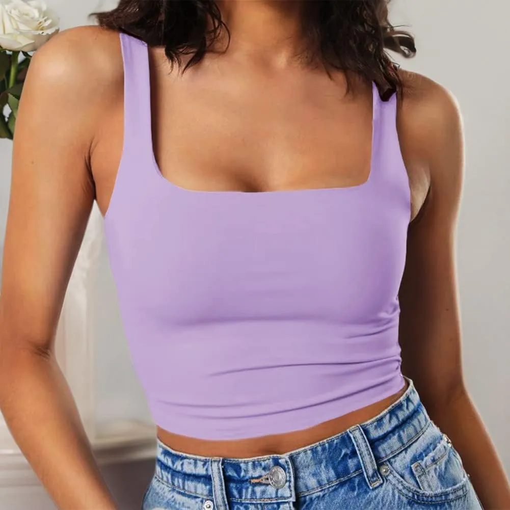 Artfish Women's Sleeveless Strappy Tank Square Neck Double Layer Workout Fitness Casual Basic Crop Tops