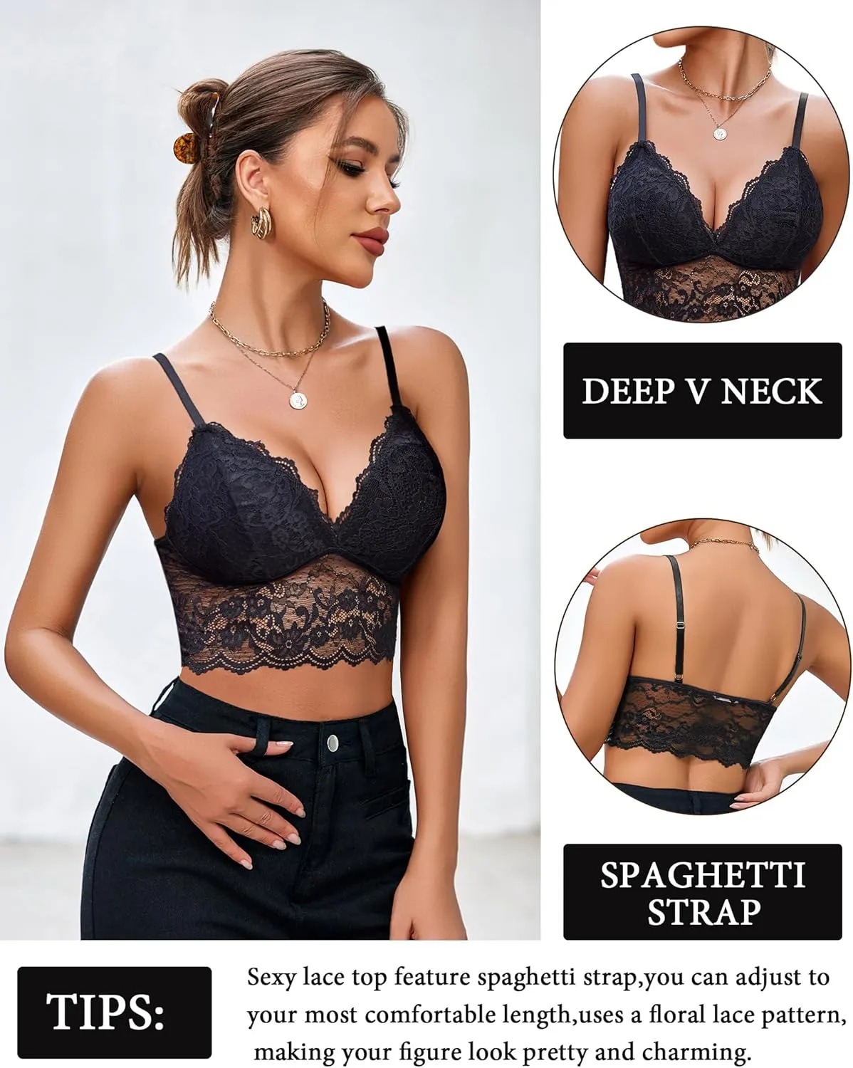 Avidlove Bralettes for Women V Neck Spaghetti Strap Bra Lace Tops Sexy Cami Crop Top Going Out Lingerie Outfits