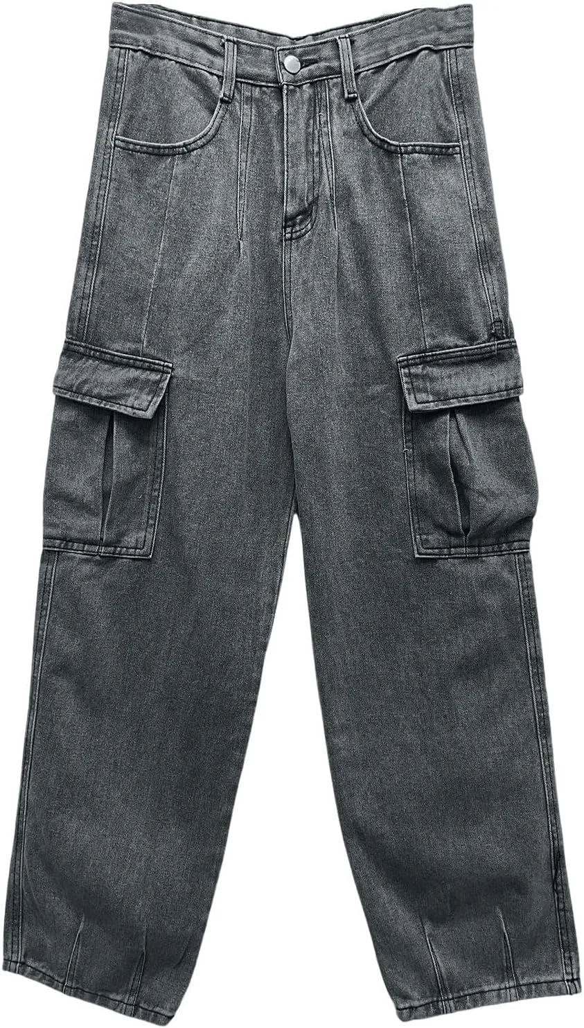 Baggy Cargo Jeans for Men Y2K Vintage Straight Wide Leg Aesthetic Clothes 90s Hip Hop Streetwear Trousers