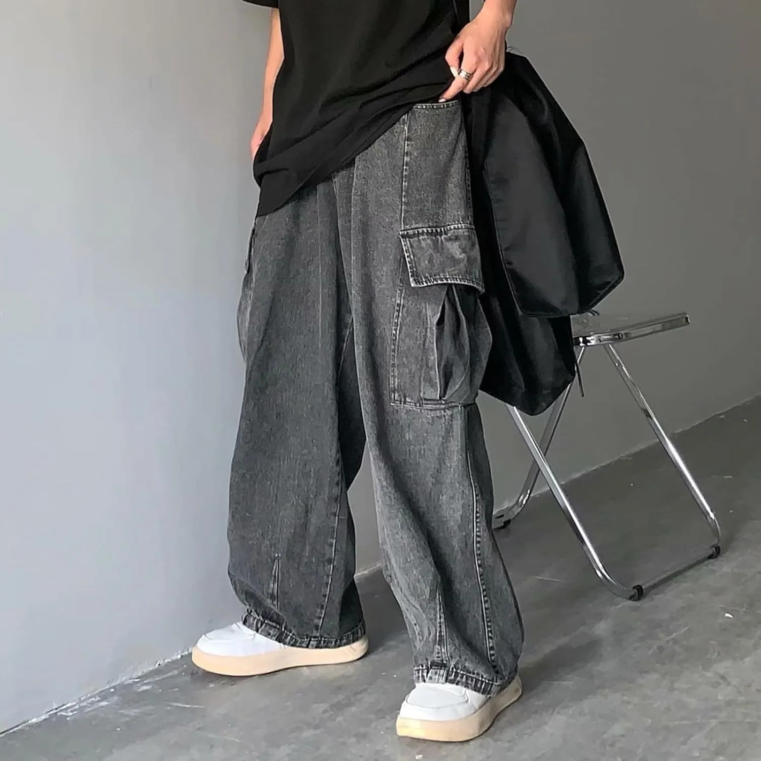 Baggy Cargo Jeans for Men Y2K Vintage Straight Wide Leg Aesthetic Clothes 90s Hip Hop Streetwear Trousers