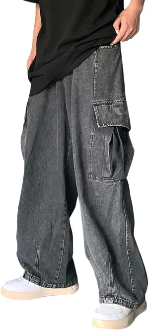 Baggy Cargo Jeans for Men Y2K Vintage Straight Wide Leg Aesthetic Clothes 90s Hip Hop Streetwear Trousers
