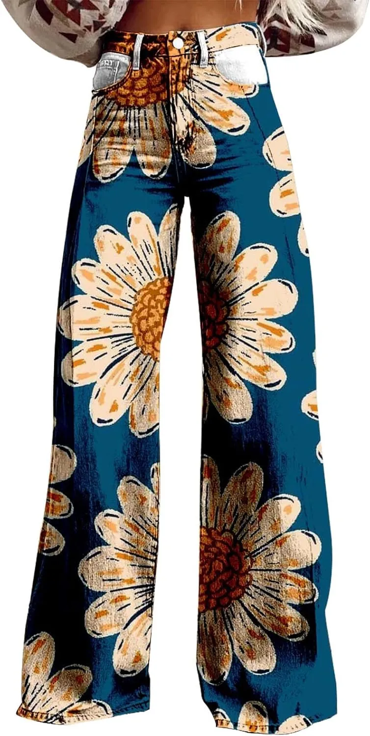 Baggy Flare Pants for Women Wide Leg Bell Bottoms Vintage Floral Print High Waisted Pants Going Out Street Trousers