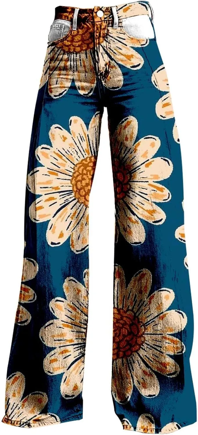 Baggy Flare Pants for Women Wide Leg Bell Bottoms Vintage Floral Print High Waisted Pants Going Out Street Trousers
