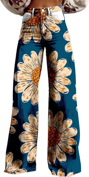 Baggy Flare Pants for Women Wide Leg Bell Bottoms Vintage Floral Print High Waisted Pants Going Out Street Trousers