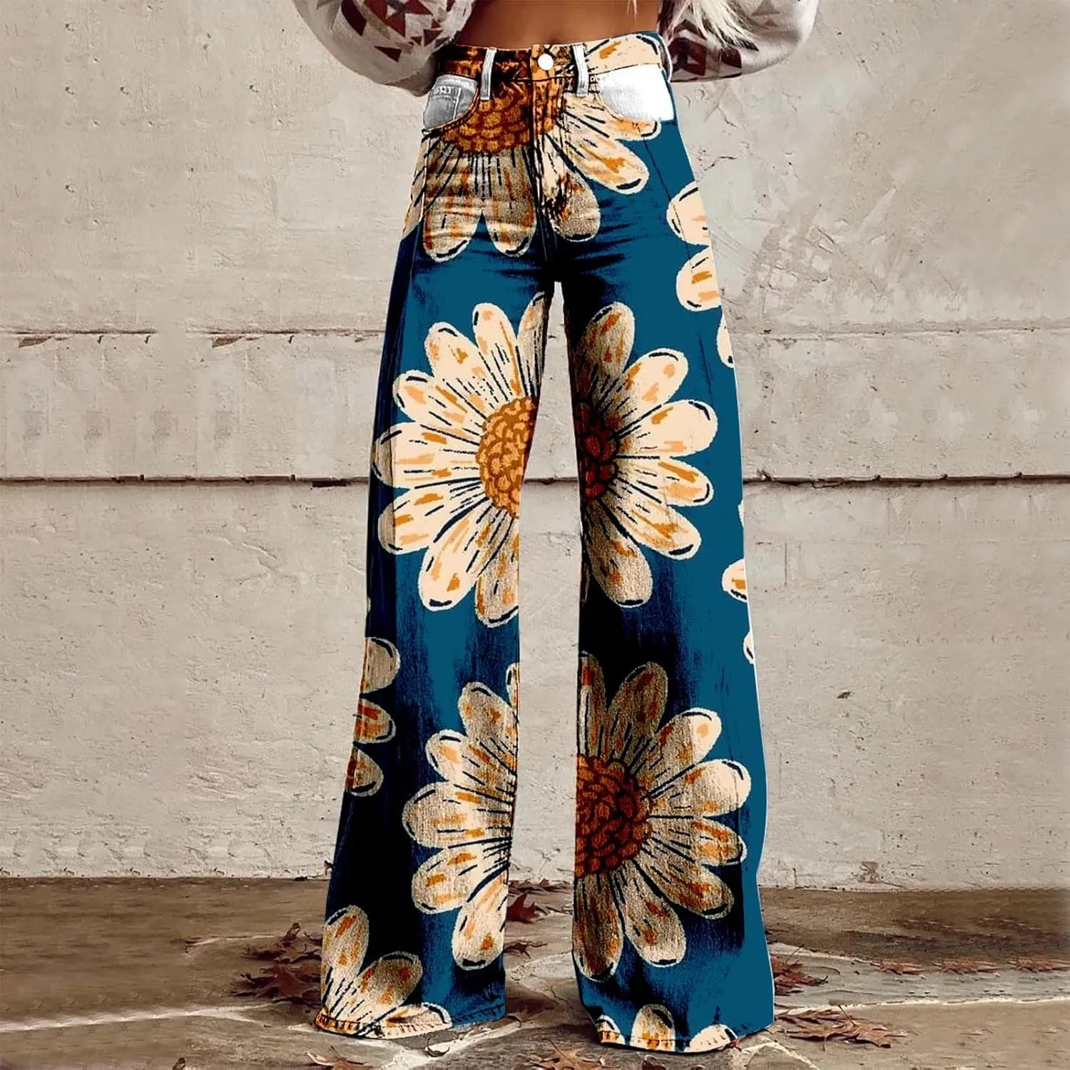 Baggy Flare Pants for Women Wide Leg Bell Bottoms Vintage Floral Print High Waisted Pants Going Out Street Trousers