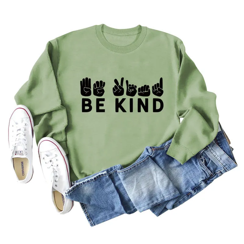 Be Kind Finger Fist Letters Loose Autumn and Winter Bottoms Long Sleeve Large Size Sweater Women