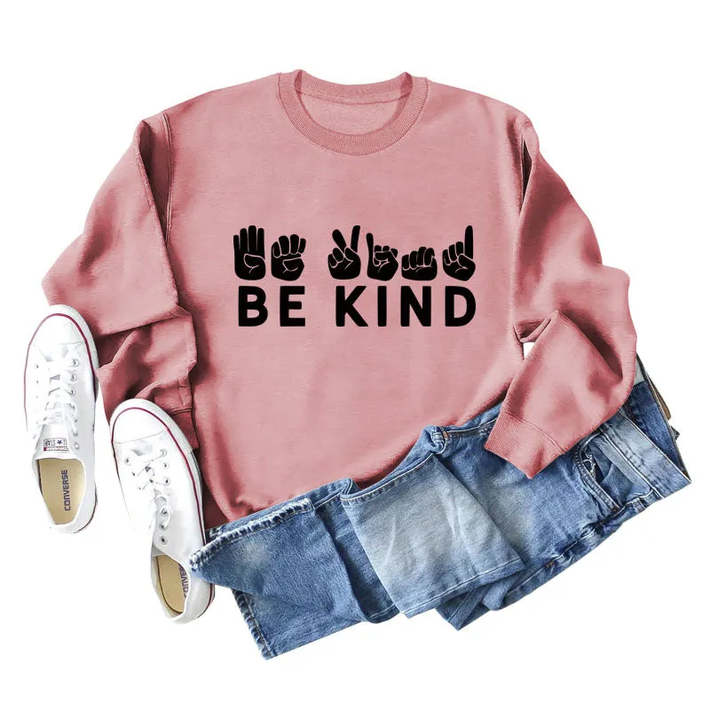 Be Kind Finger Fist Letters Loose Autumn and Winter Bottoms Long Sleeve Large Size Sweater Women