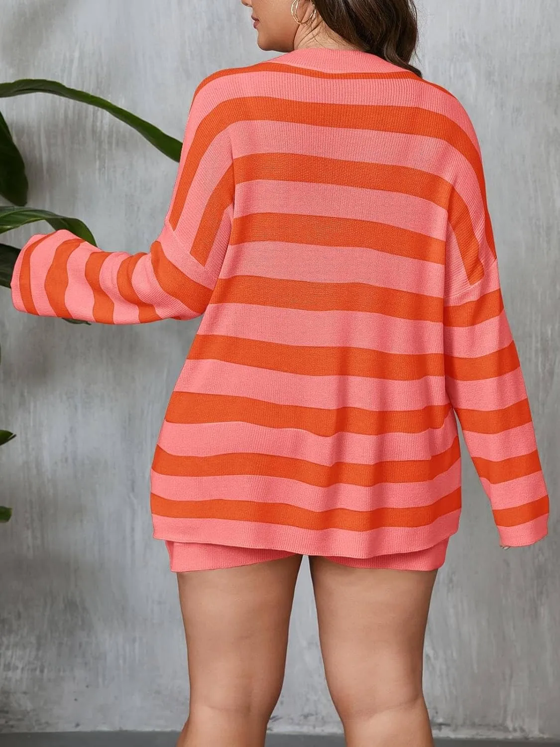 Beautife Womens Plus Size Lounge Sets Striped Knit 2 Piece Sweater Set Long Sleeve Tops and Shorts Oversized Outfits