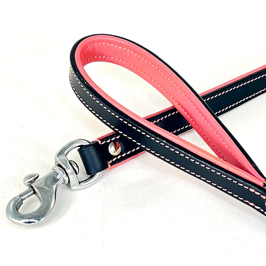 Black & Pink Double Leather Collar & Leash, 14”-16.5”