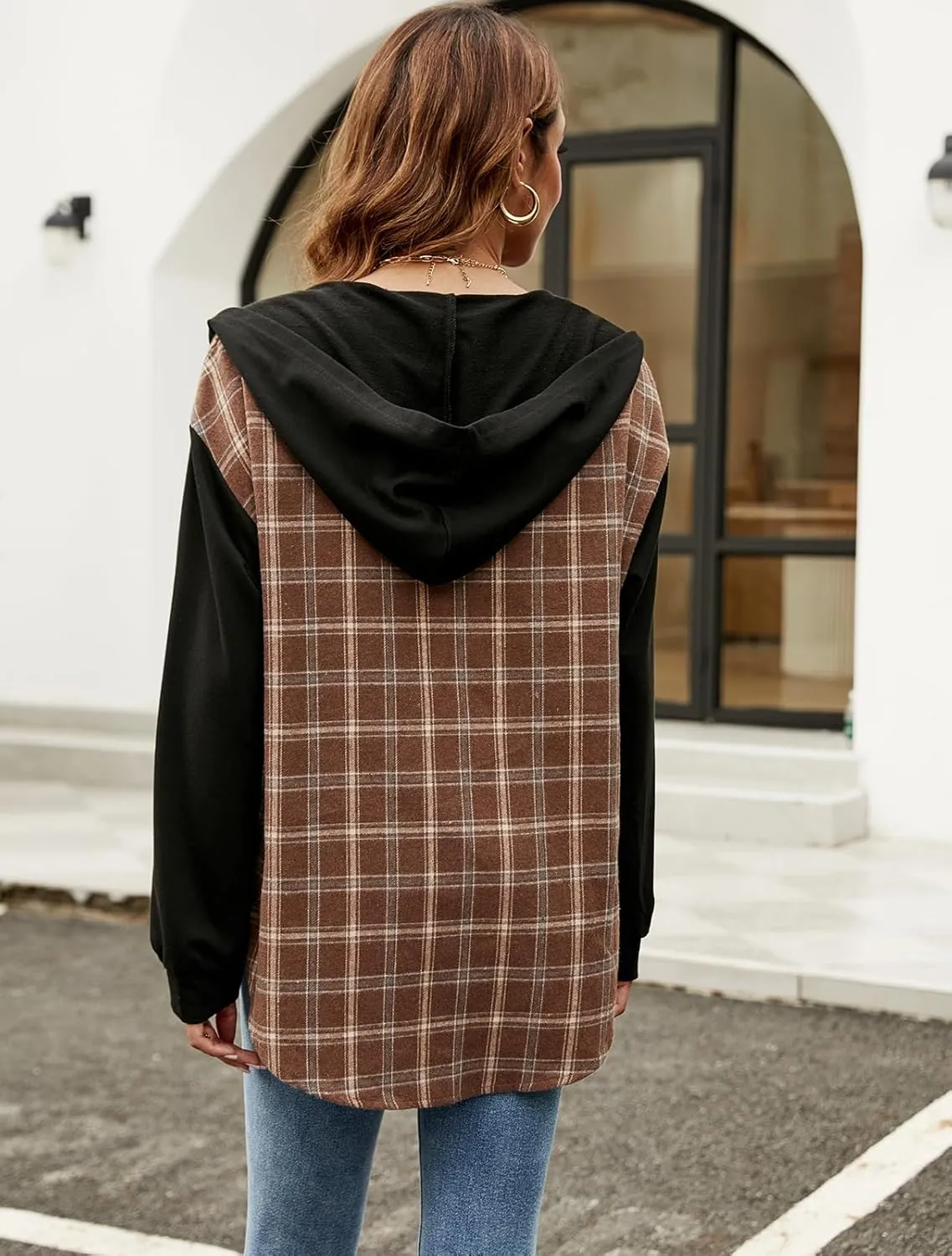 Blooming Jelly Womens Plaid hooded Flannel Shirts Long Sleeve Hoodies Shacket Button Down Oversized Color Block Fall Tops