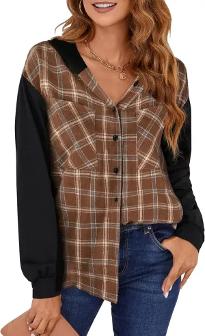 Blooming Jelly Womens Plaid hooded Flannel Shirts Long Sleeve Hoodies Shacket Button Down Oversized Color Block Fall Tops