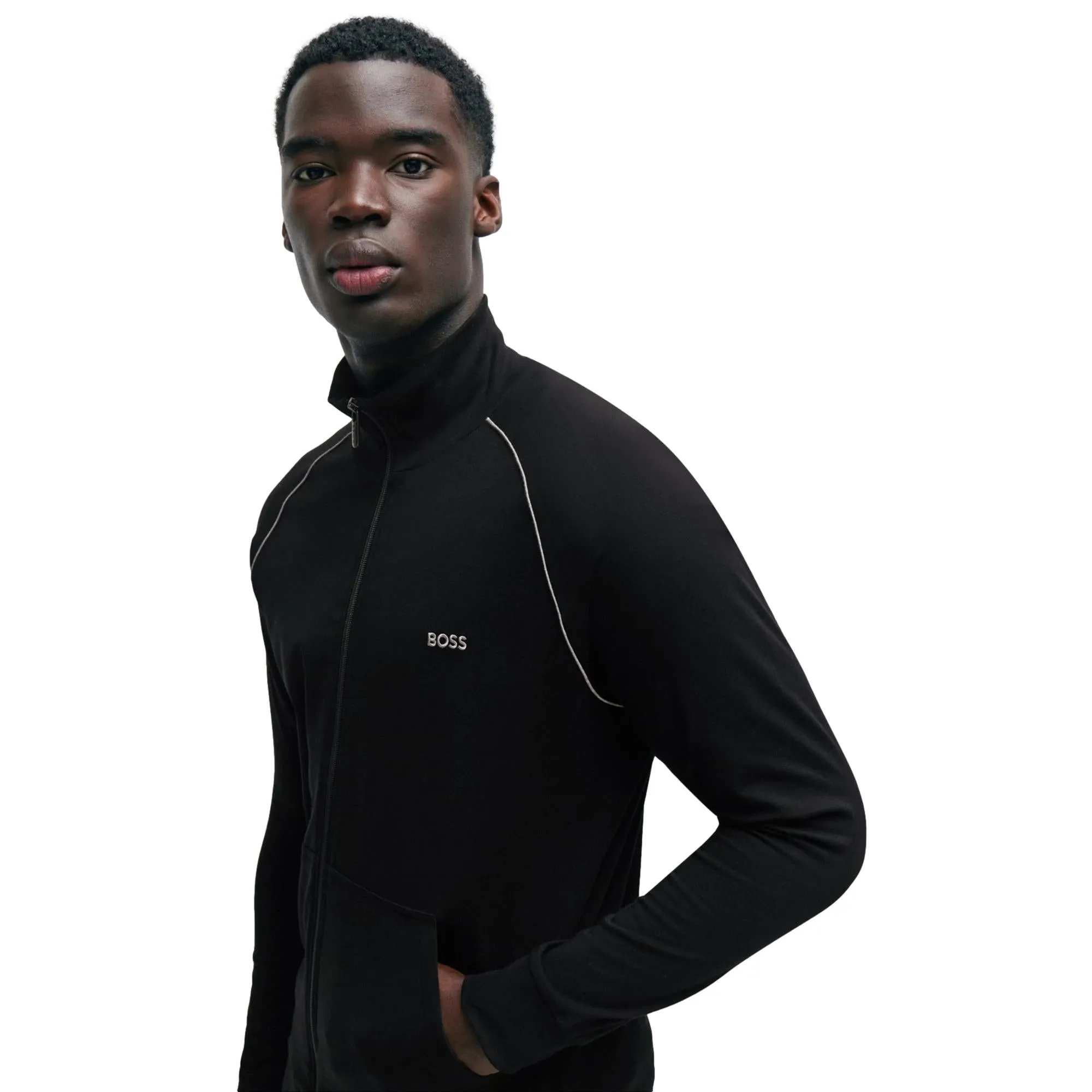 BOSS Men Mix & Match Stretch-Cotton Zip Up Jacket With Logo Detail - Black