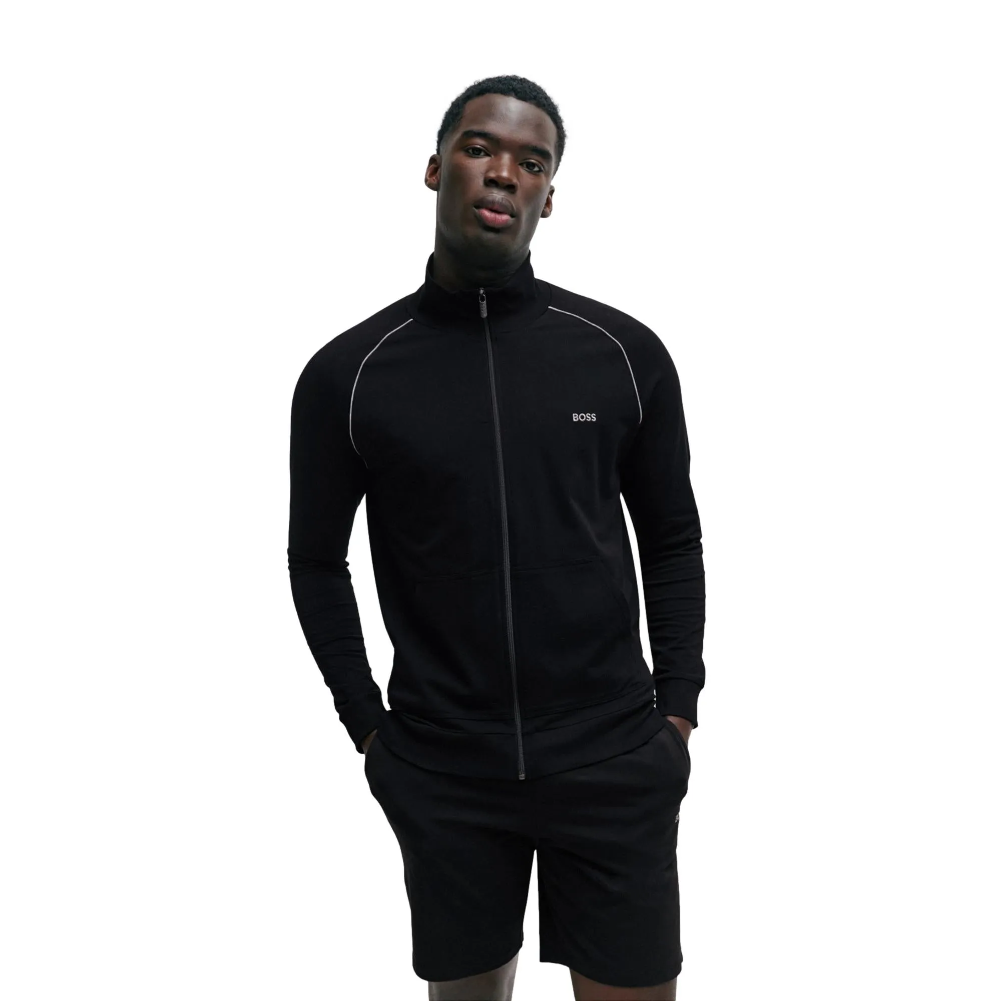 BOSS Men Mix & Match Stretch-Cotton Zip Up Jacket With Logo Detail - Black