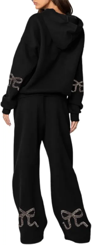 Bow Print Sweat Set for Women Two Piece Tracksuit Long Sleeve Oversized Hoodie Wide Leg Sweatpants 2 Piece Outfits