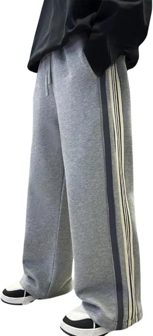 Boys' Casual Sweatpants Baggy Wide Leg Side Striped Joggers Elastic Waist Drawstring Workout Active Trousers with Pockets