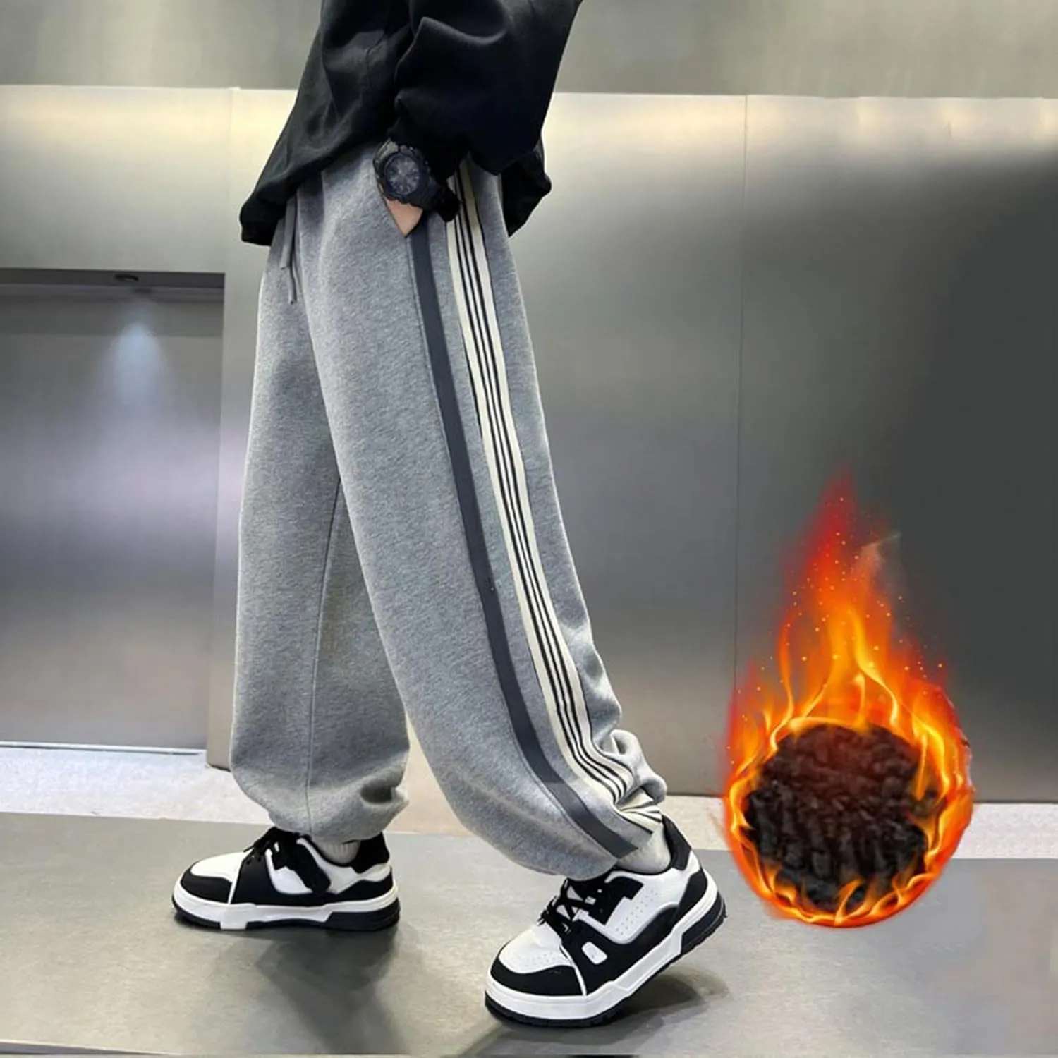 Boys' Casual Sweatpants Baggy Wide Leg Side Striped Joggers Elastic Waist Drawstring Workout Active Trousers with Pockets