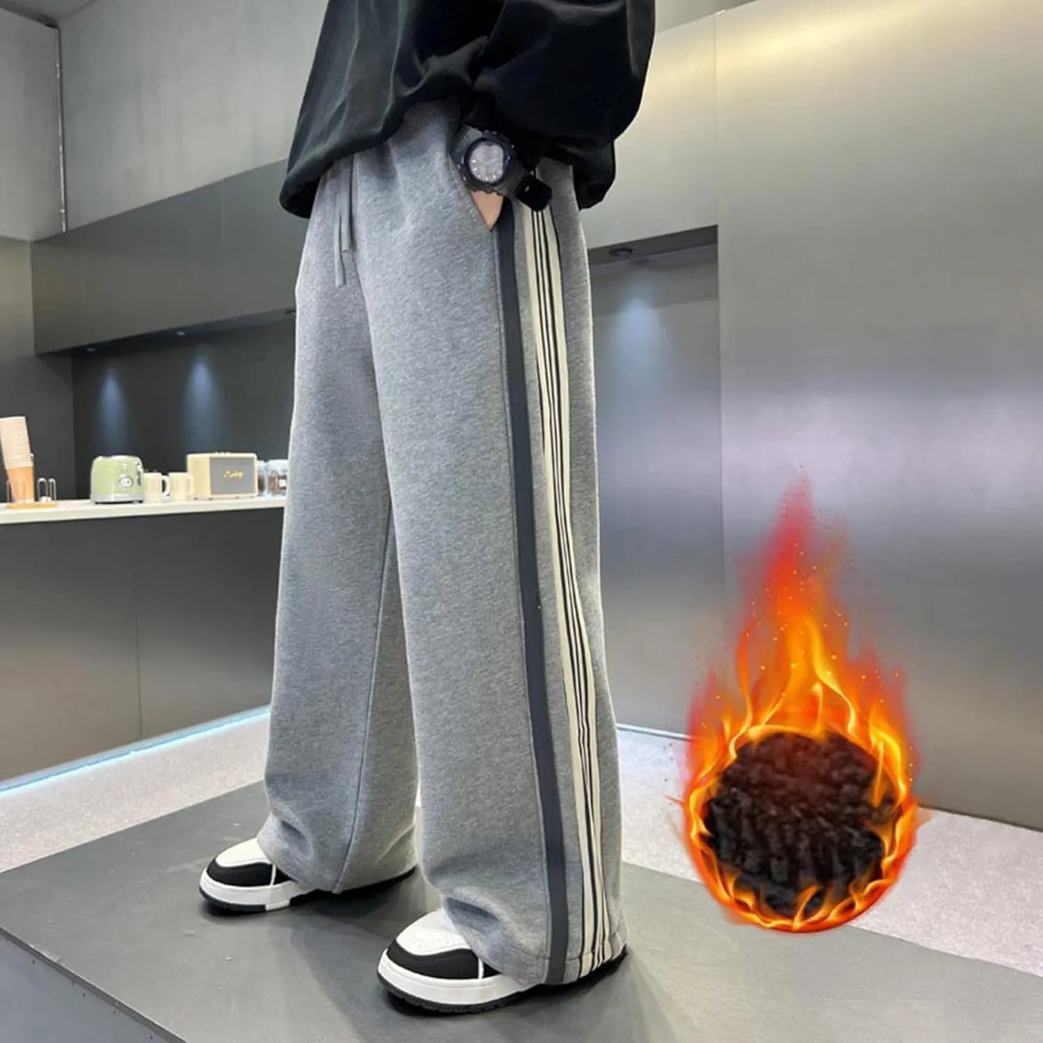 Boys' Casual Sweatpants Baggy Wide Leg Side Striped Joggers Elastic Waist Drawstring Workout Active Trousers with Pockets