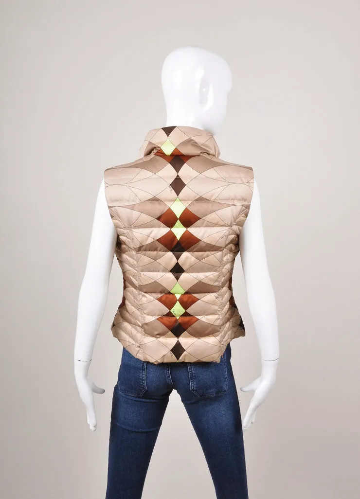 Brown and Tan Printed Zippered Down Puffer Vest