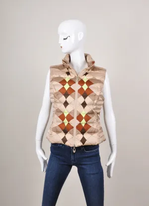 Brown and Tan Printed Zippered Down Puffer Vest