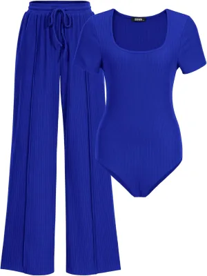 BTFBM Womens Casual 2 Pieces Outfits Dressy Square Neck Short Sleeve Bodysuit Drawstring Pants Knit Lounge Matching Sets
