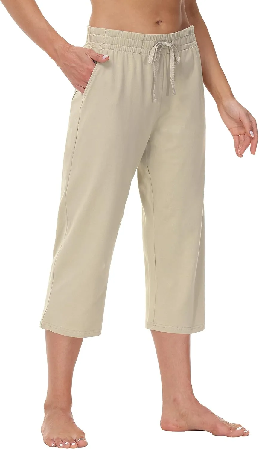 Cakulo Womens Capri Pants Wide Leg Yoga Capris Summer High Waisted Casual Lounge Cropped Pants with Pockets