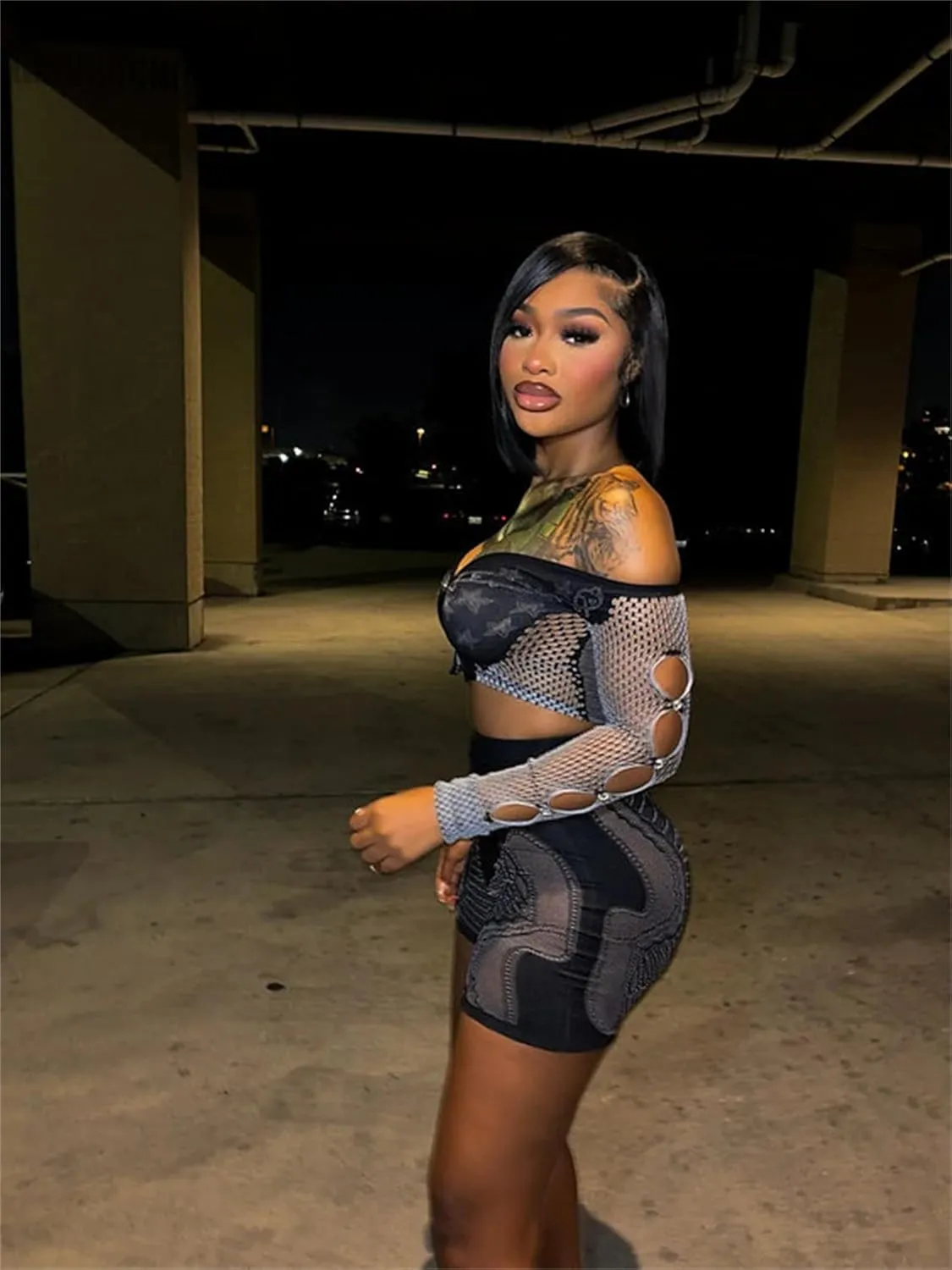 CALEBGAR 2 Piece Sets for Women Sexy Rhinestone Mesh Hollow Out Off Shoulder Tops Bodycon Jumpsuit Club Outfits Short Sets