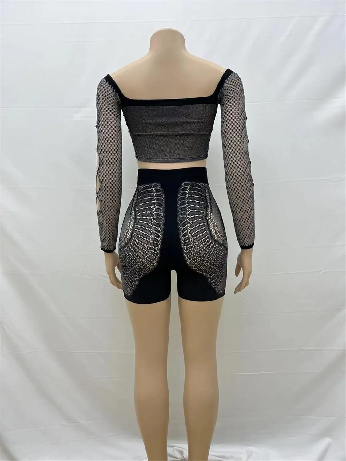 CALEBGAR 2 Piece Sets for Women Sexy Rhinestone Mesh Hollow Out Off Shoulder Tops Bodycon Jumpsuit Club Outfits Short Sets