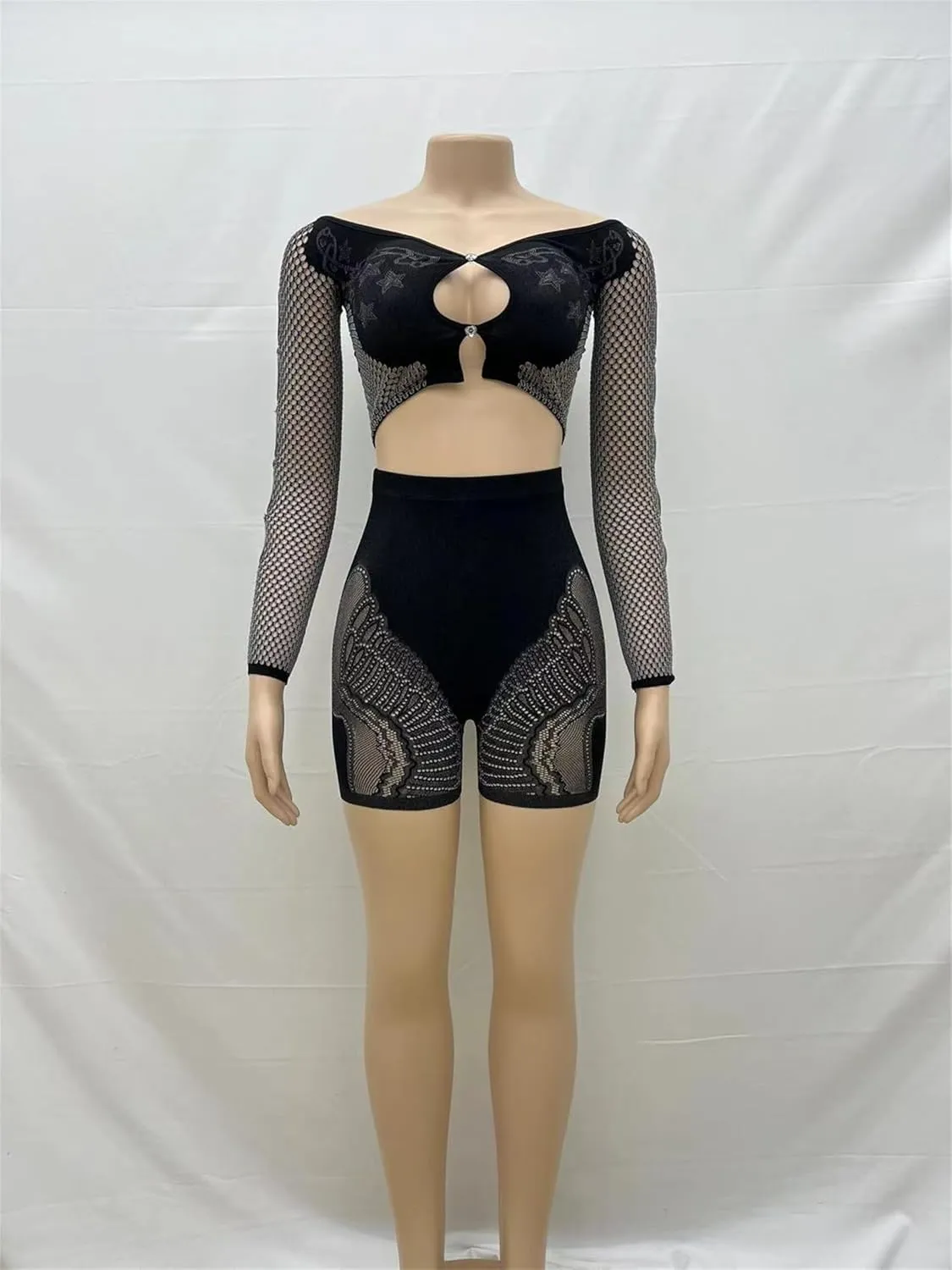 CALEBGAR 2 Piece Sets for Women Sexy Rhinestone Mesh Hollow Out Off Shoulder Tops Bodycon Jumpsuit Club Outfits Short Sets