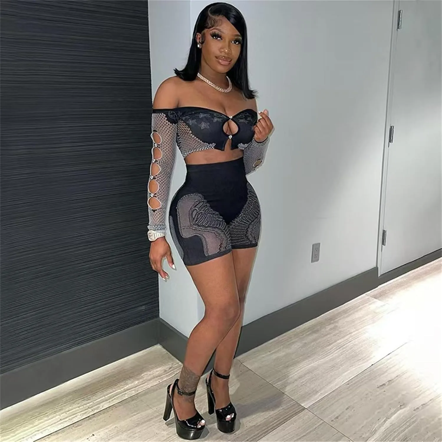 CALEBGAR 2 Piece Sets for Women Sexy Rhinestone Mesh Hollow Out Off Shoulder Tops Bodycon Jumpsuit Club Outfits Short Sets