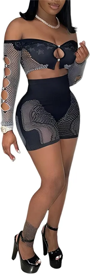 CALEBGAR 2 Piece Sets for Women Sexy Rhinestone Mesh Hollow Out Off Shoulder Tops Bodycon Jumpsuit Club Outfits Short Sets