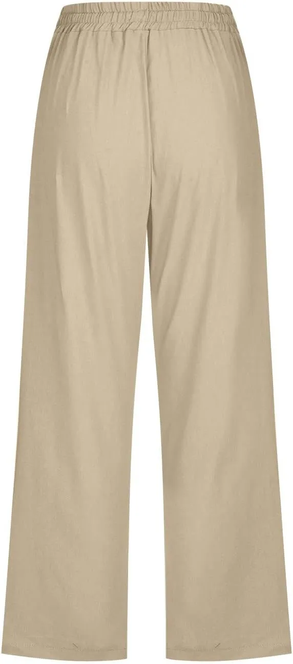 Capri Pants for Women 2025 Summer Casual Cotton Linen Capris Baggy Drawstring Elastic Waist Straight Leg Cropped Trousers