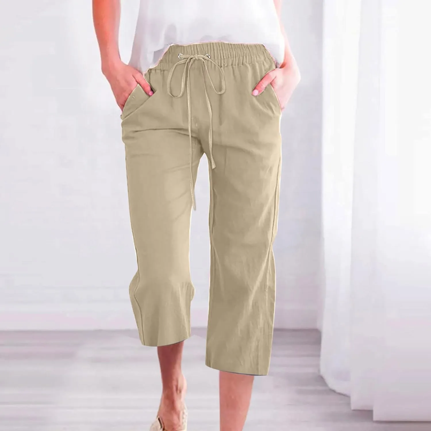 Capri Pants for Women 2025 Summer Casual Cotton Linen Capris Baggy Drawstring Elastic Waist Straight Leg Cropped Trousers